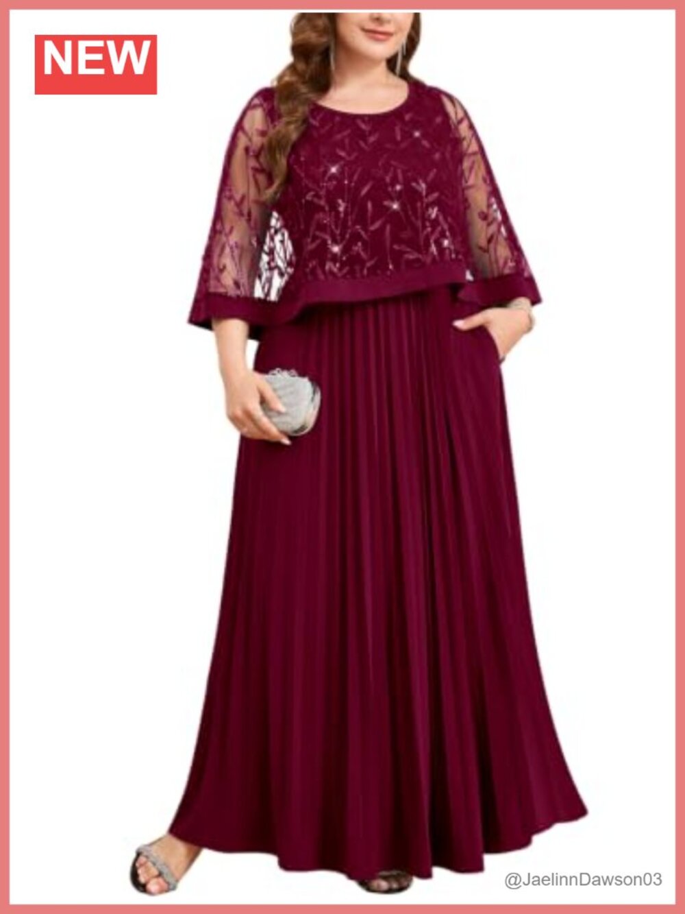 CYCLAMEN Plus Size Sequined A-Line Formal Gown with Pockets